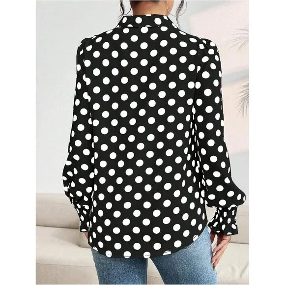 Women's Polka Dots Button Down Shirt Ruffle Bishop Long Sleeve Top - Picture 2 of 5